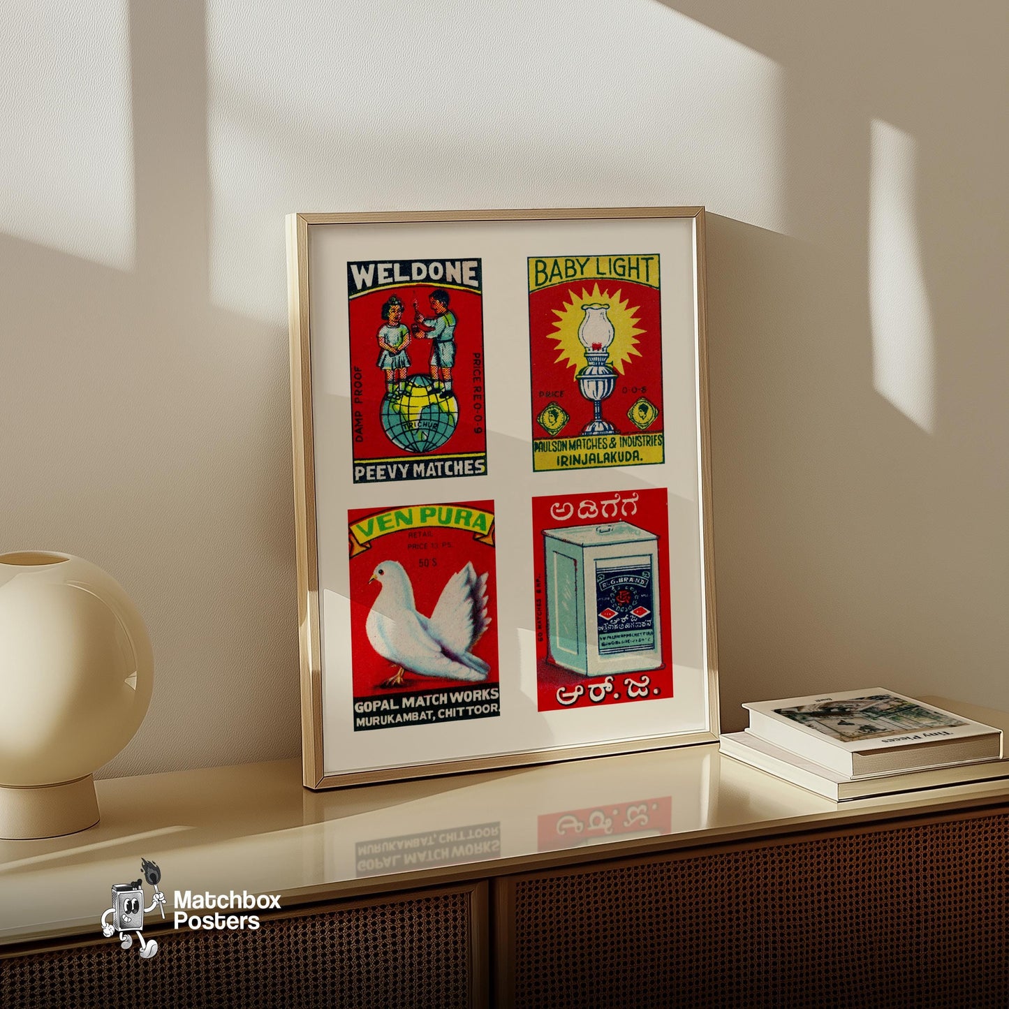 Red Indians Grid Print - vintage matchbox label print - bedroom mockup