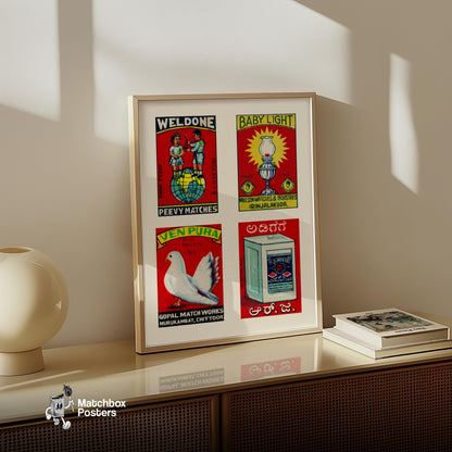 Red Indians Grid Print - vintage matchbox label print - bedroom mockup