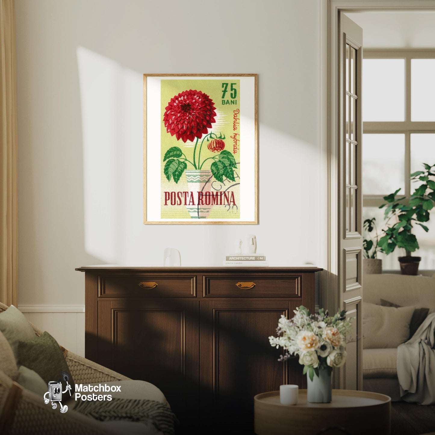 Red Dahlia Flower - vintage matchbox label print - living room mockup