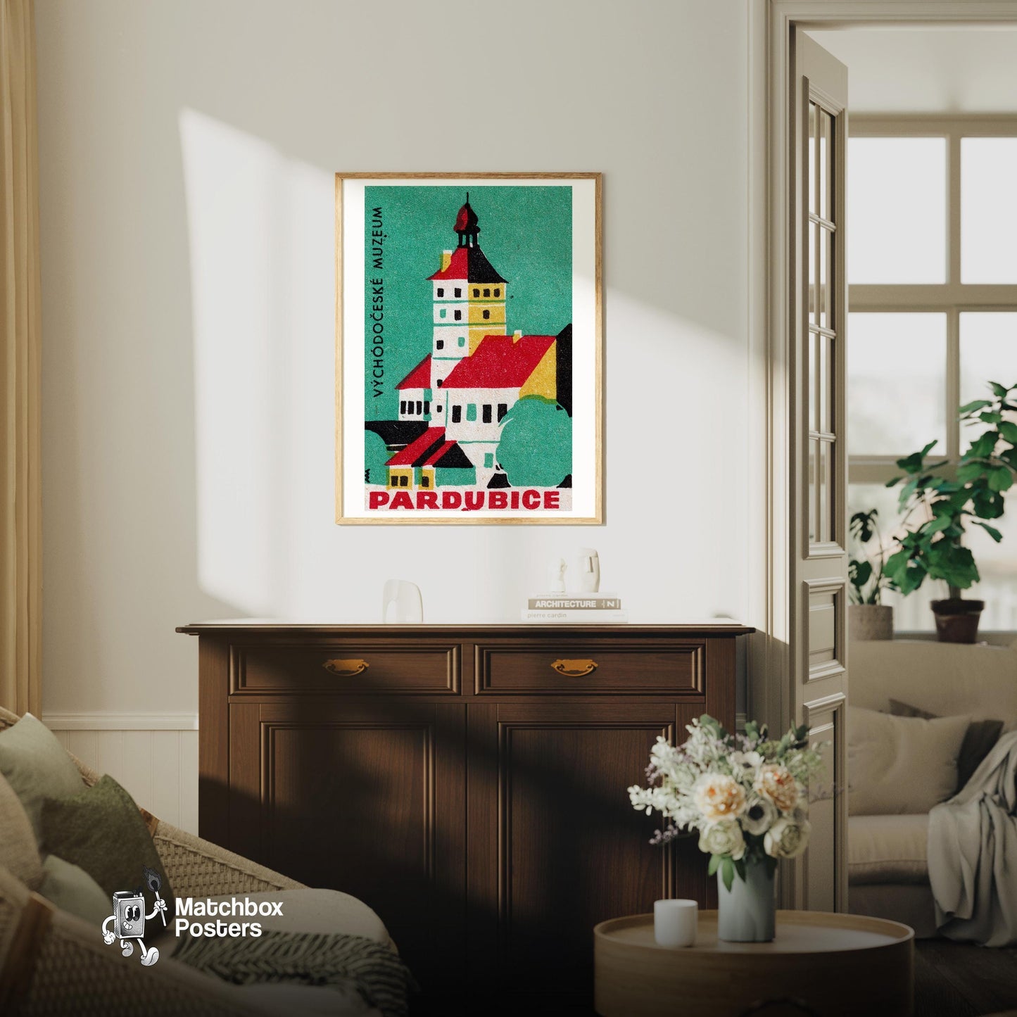 Illustration Of A Historical Building - vintage matchbox label print - living room mockup