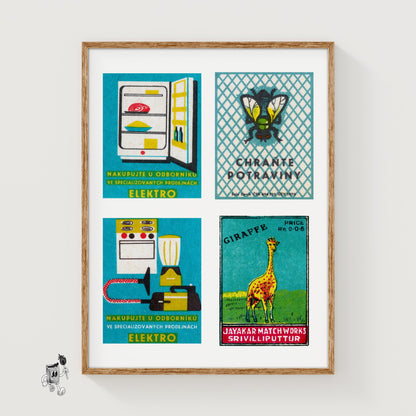 Turquoise & Yellows Grid Print - vintage matchbox label print