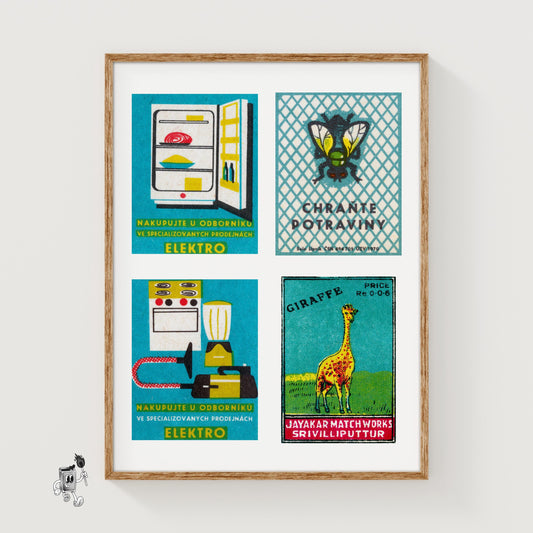 Turquoise & Yellows Grid Print - vintage matchbox label print
