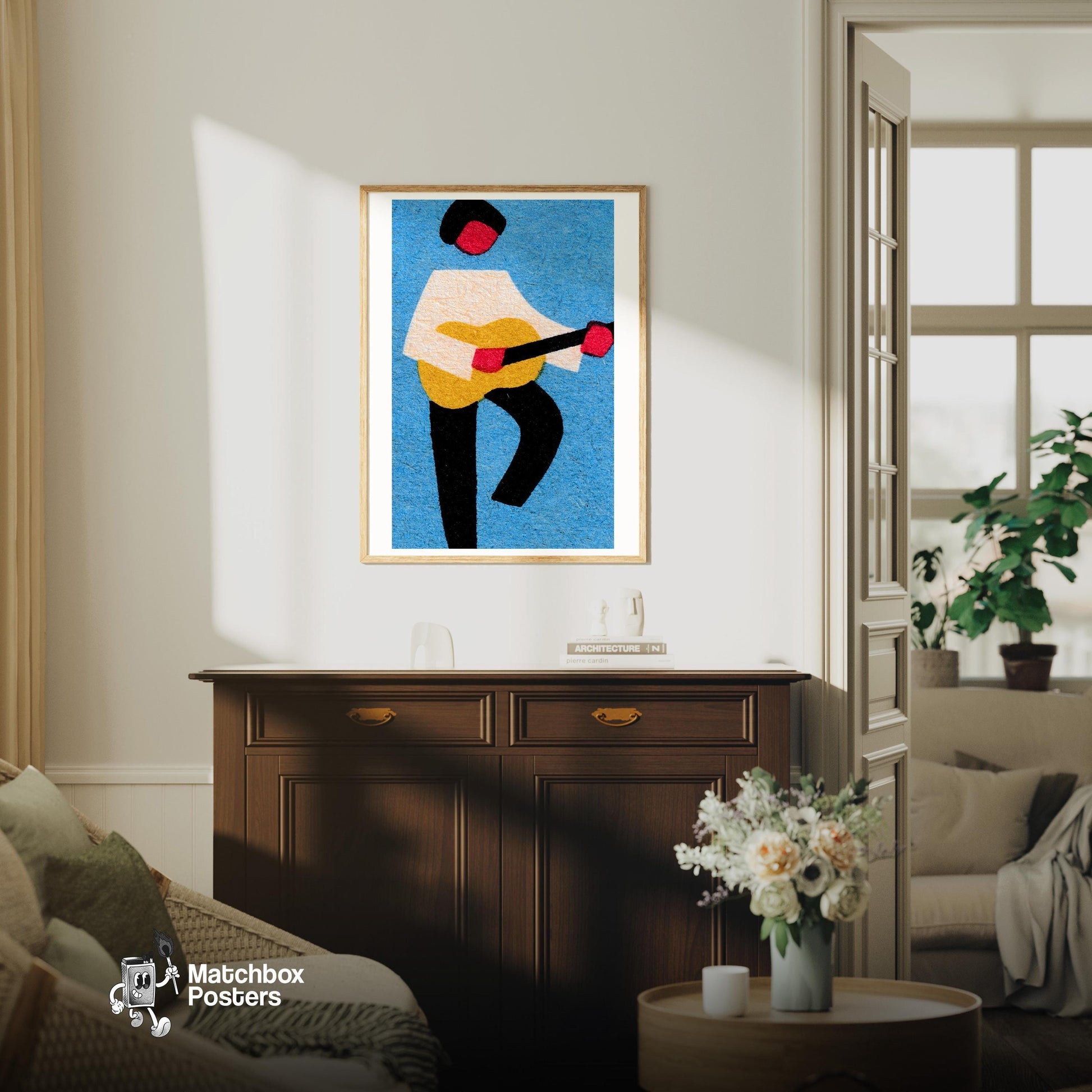 Guitar Player - vintage matchbox label print - living room mockup
