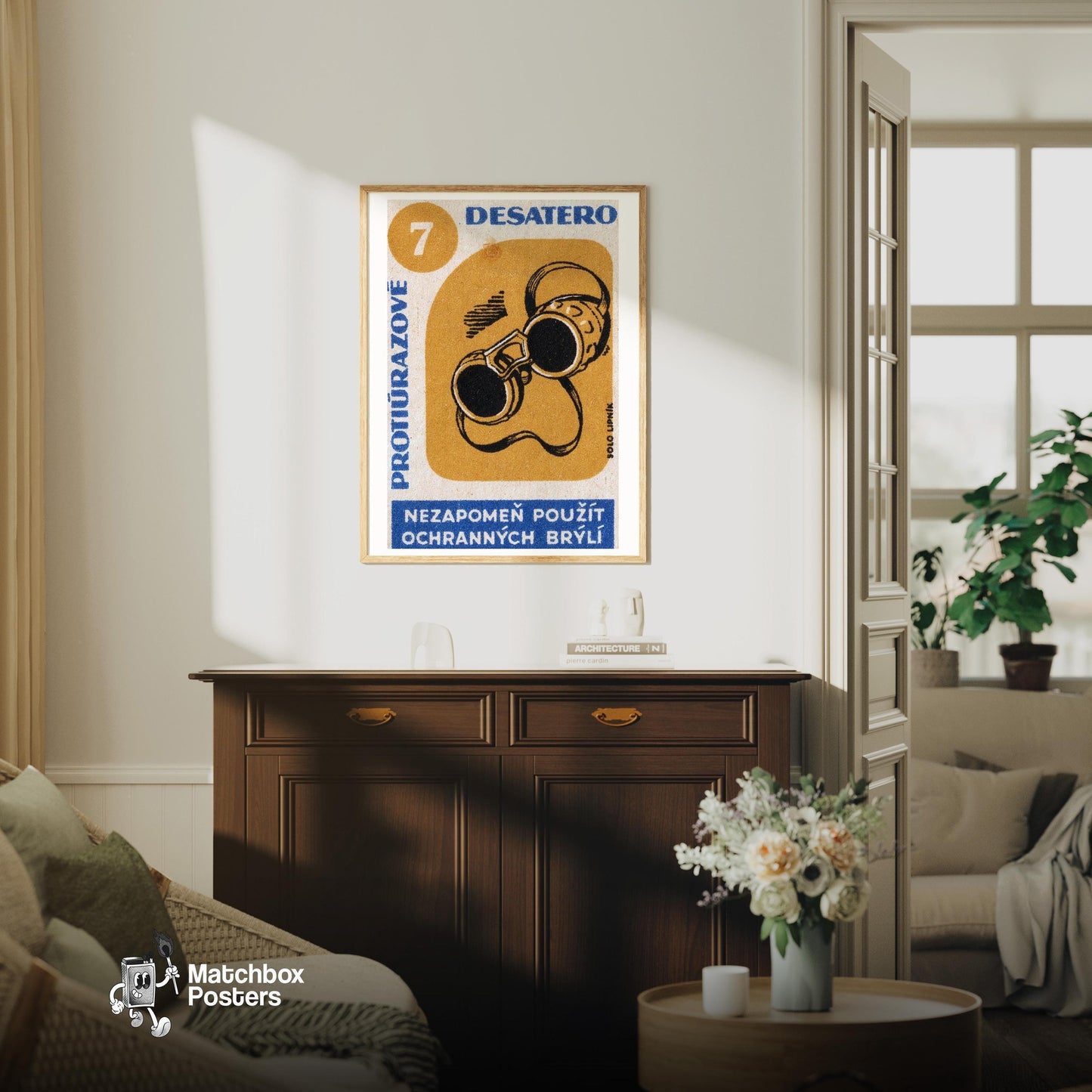 Welding Glasses - vintage matchbox label print - living room mockup
