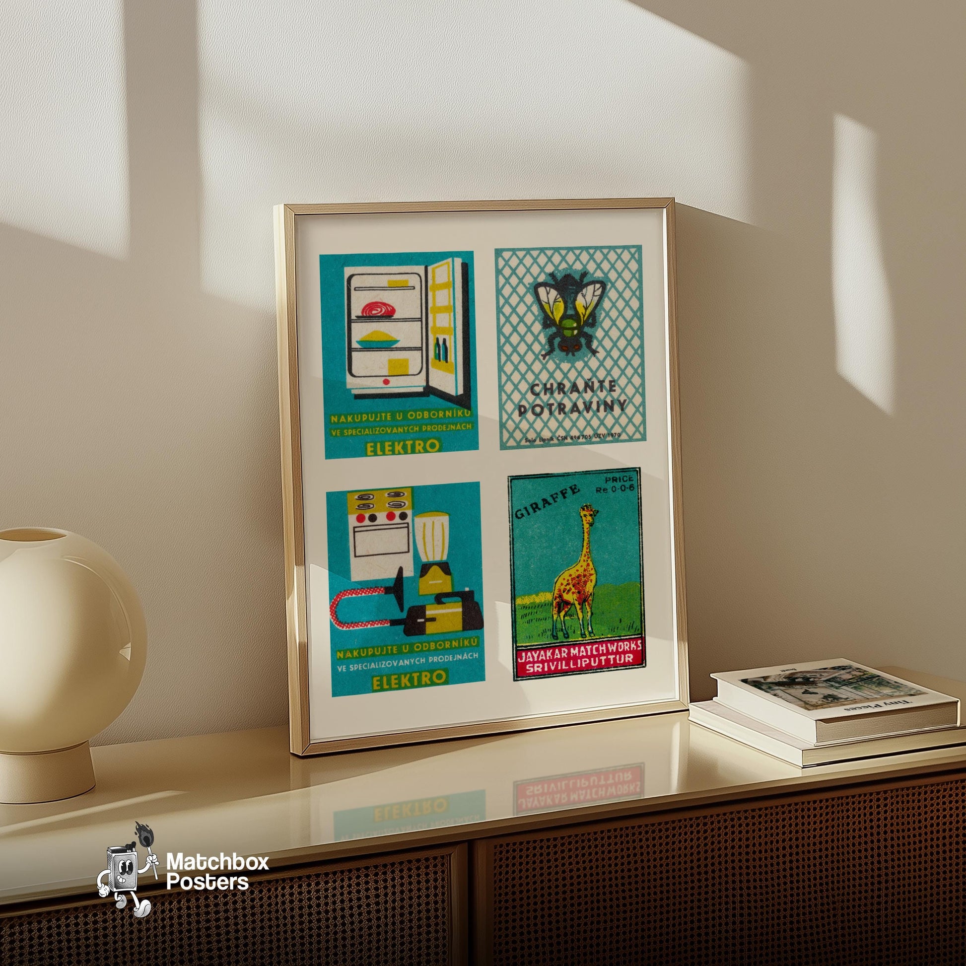 Turquoise & Yellows Grid Print - vintage matchbox label print - bedroom mockup