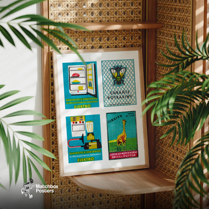 Turquoise & Yellows Grid Print - vintage matchbox label print - size comparison