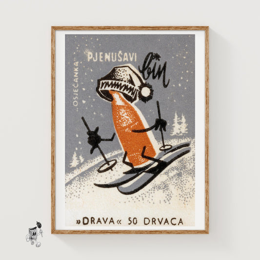 Skiing Beer - vintage matchbox label print