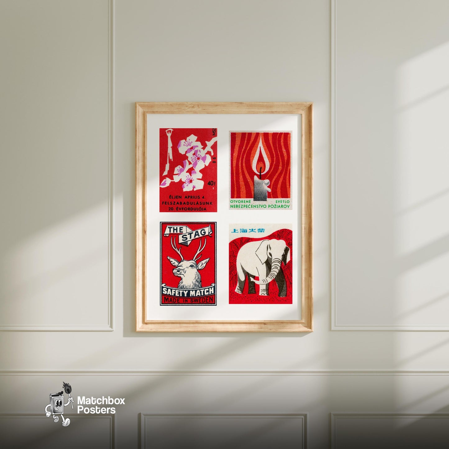 Red & Whites Grid Print - vintage matchbox label print - living room mockup