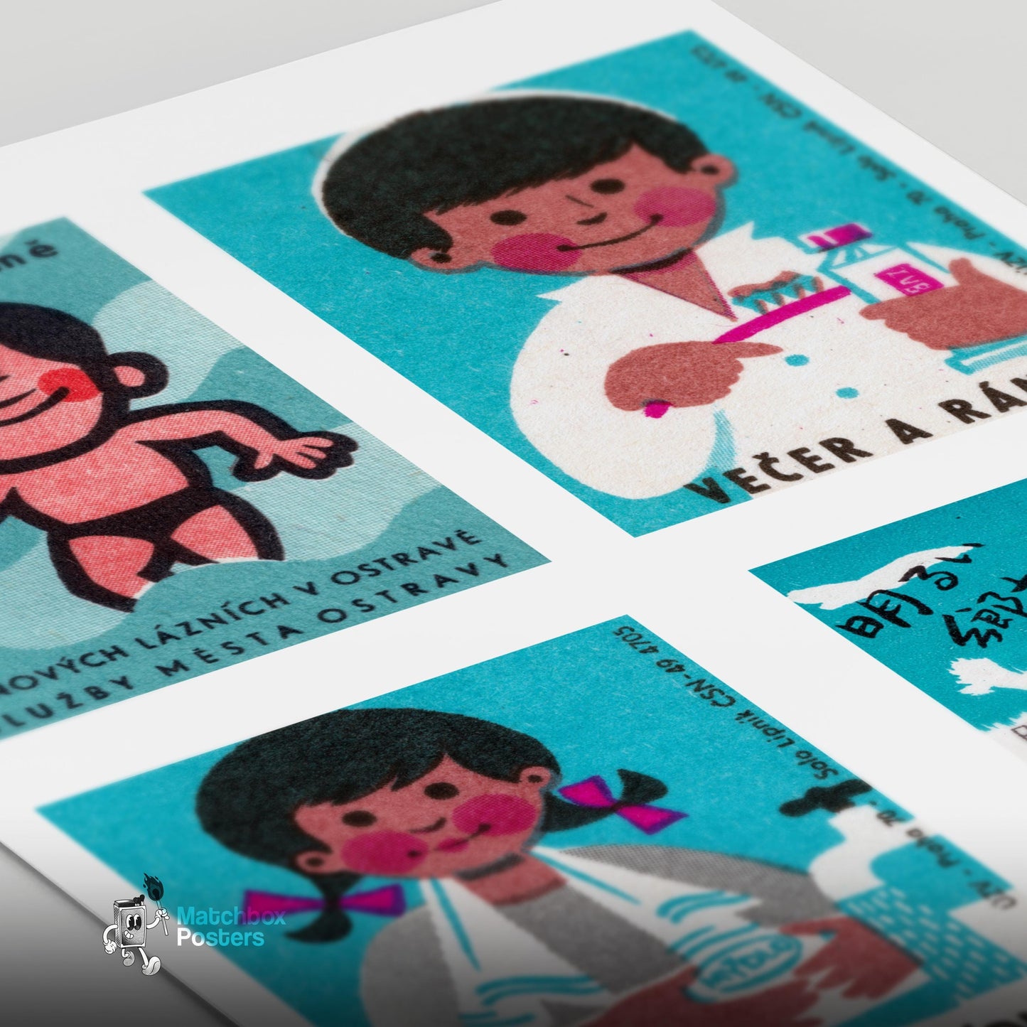 Turquoise & Pinks Grid Print - vintage matchbox label print - close-up detail