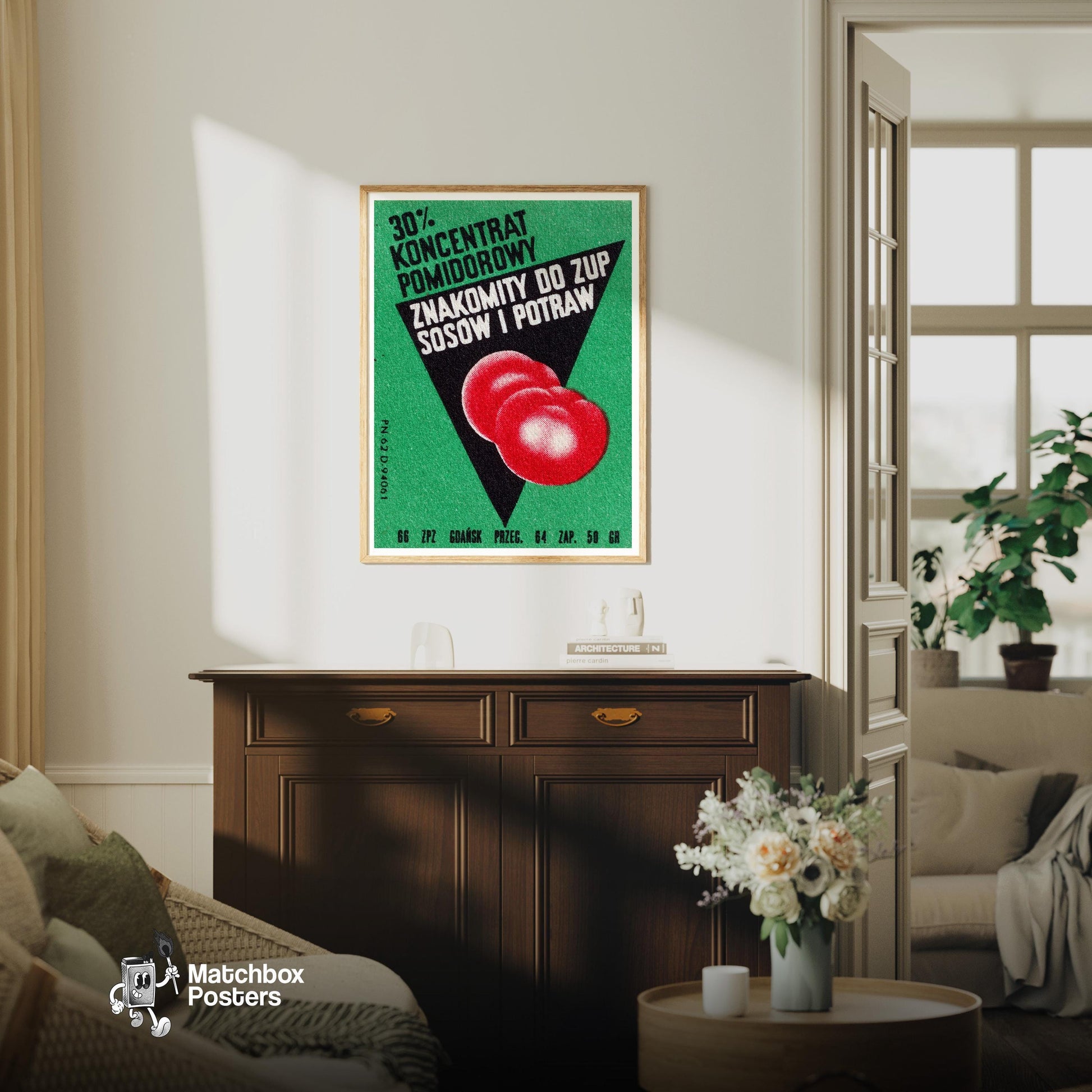 Sliced Tomatoes - vintage matchbox label print - living room mockup
