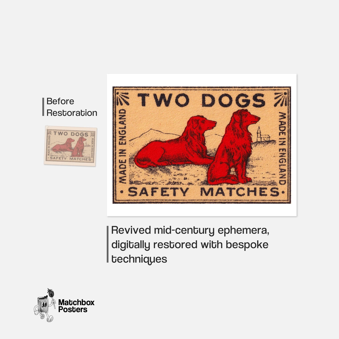 Two Dogs - vintage matchbox label print - framed wall art preview