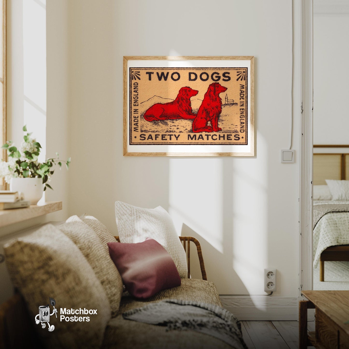 Two Dogs - vintage matchbox label print - living room mockup