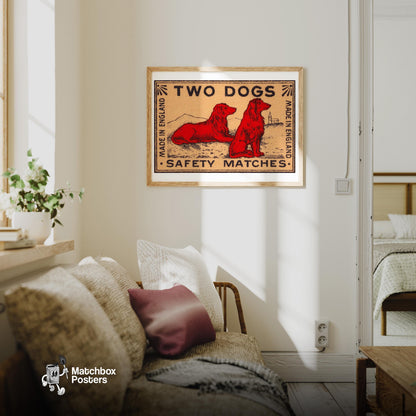 Two Dogs - vintage matchbox label print - living room mockup