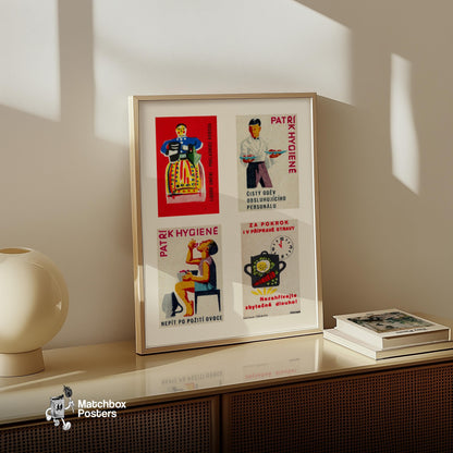 Dark Blue Czechoslovaks Grid Print - vintage matchbox label print - bedroom mockup