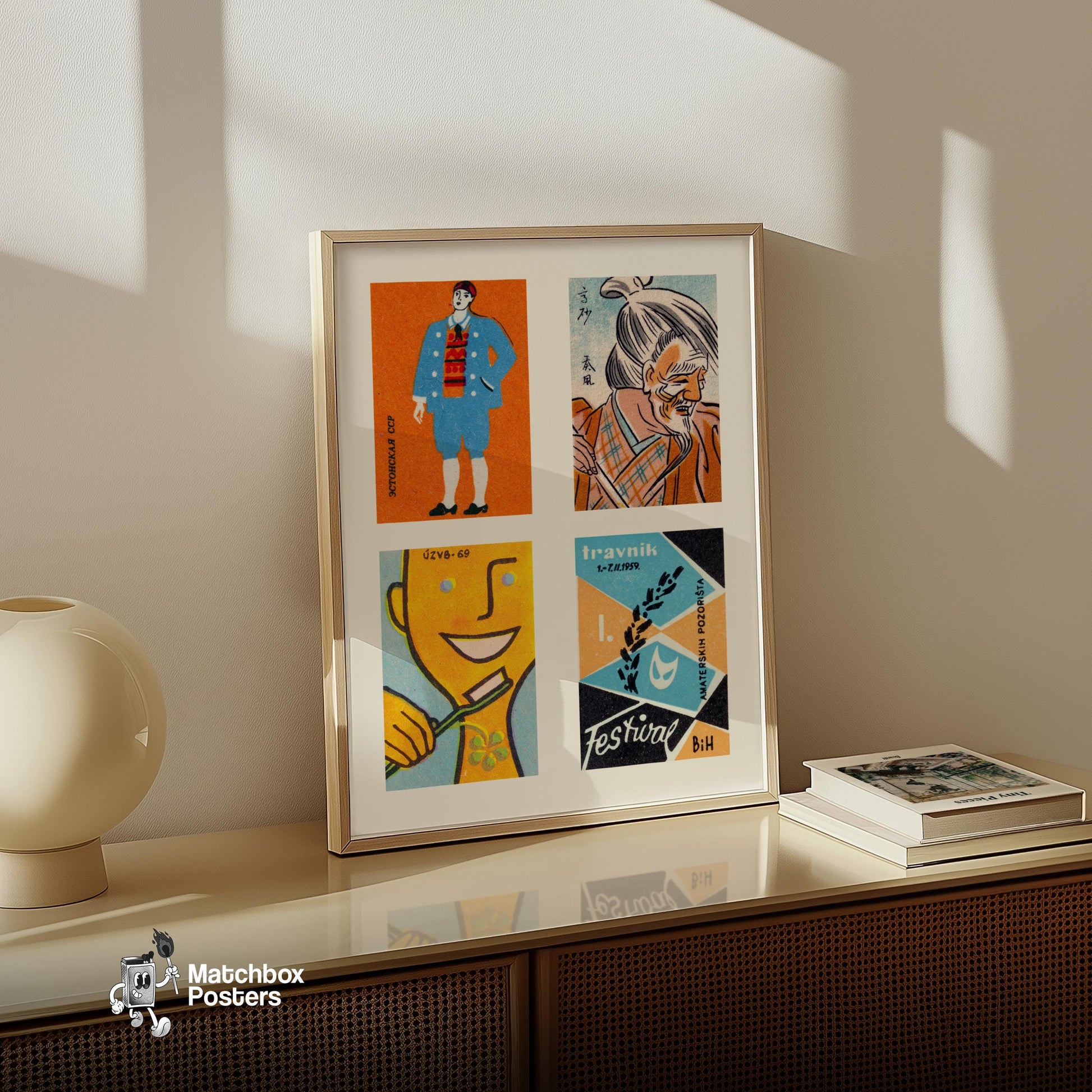 Orange & Light Blues Grid Print - vintage matchbox label print - bedroom mockup