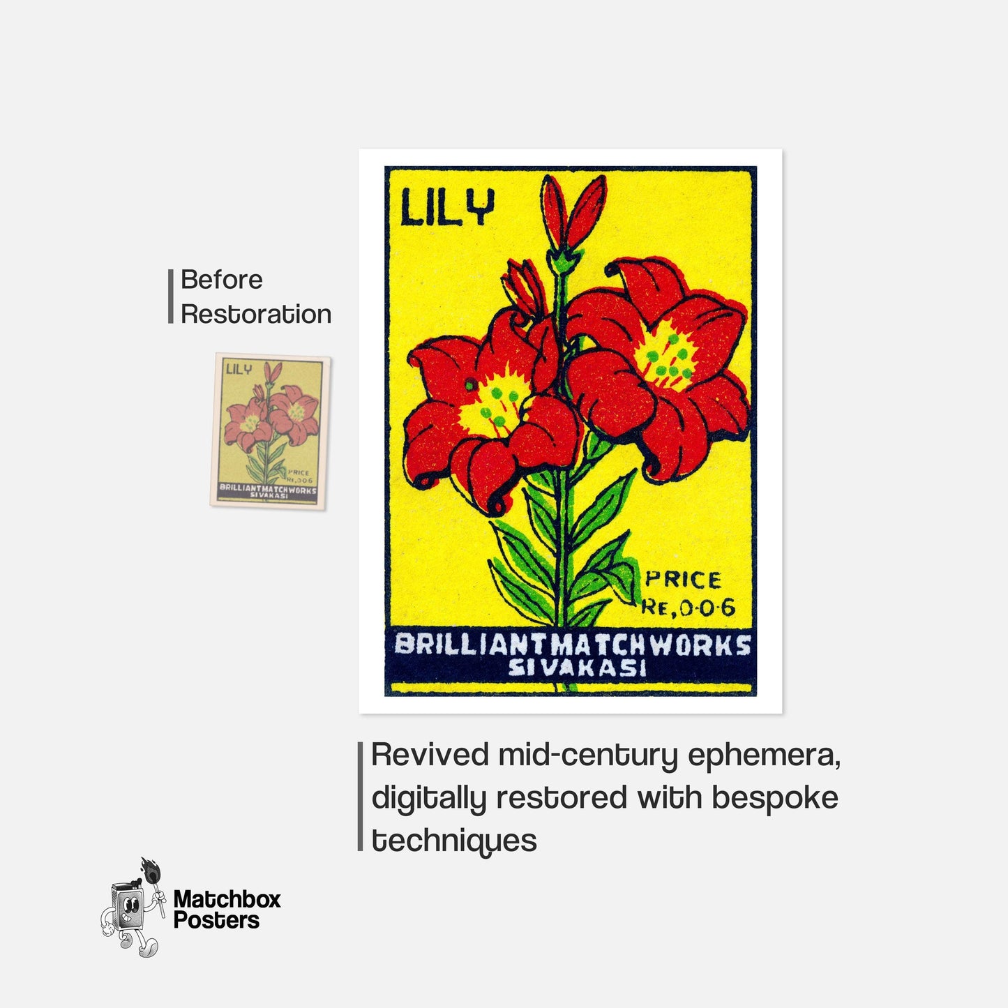 Red Lily - vintage matchbox label print - framed wall art preview
