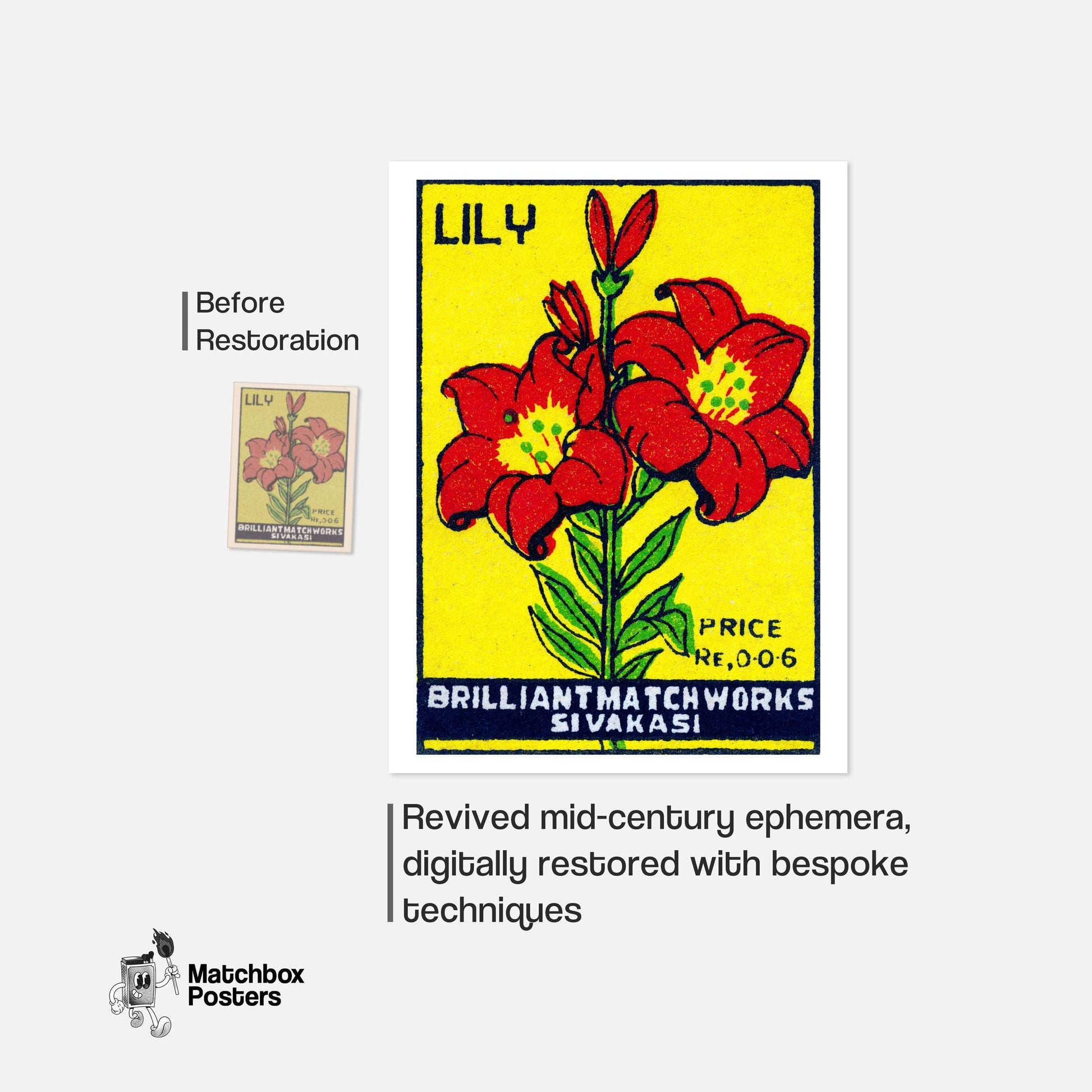 Red Lily - vintage matchbox label print - framed wall art preview