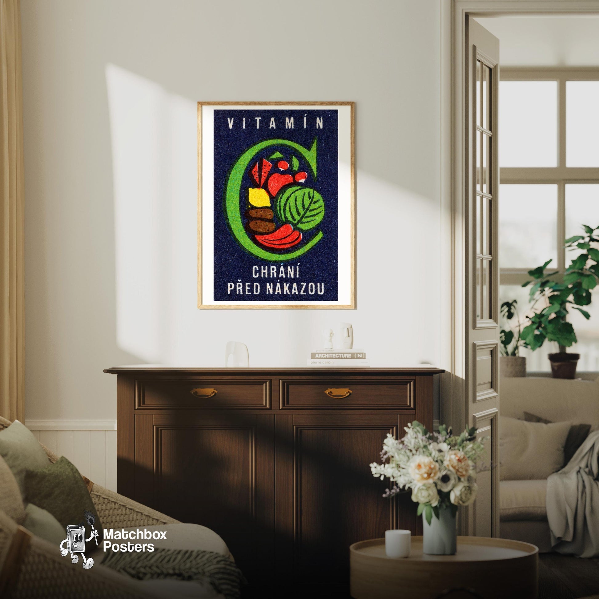 Vegetables - vintage matchbox label print - living room mockup