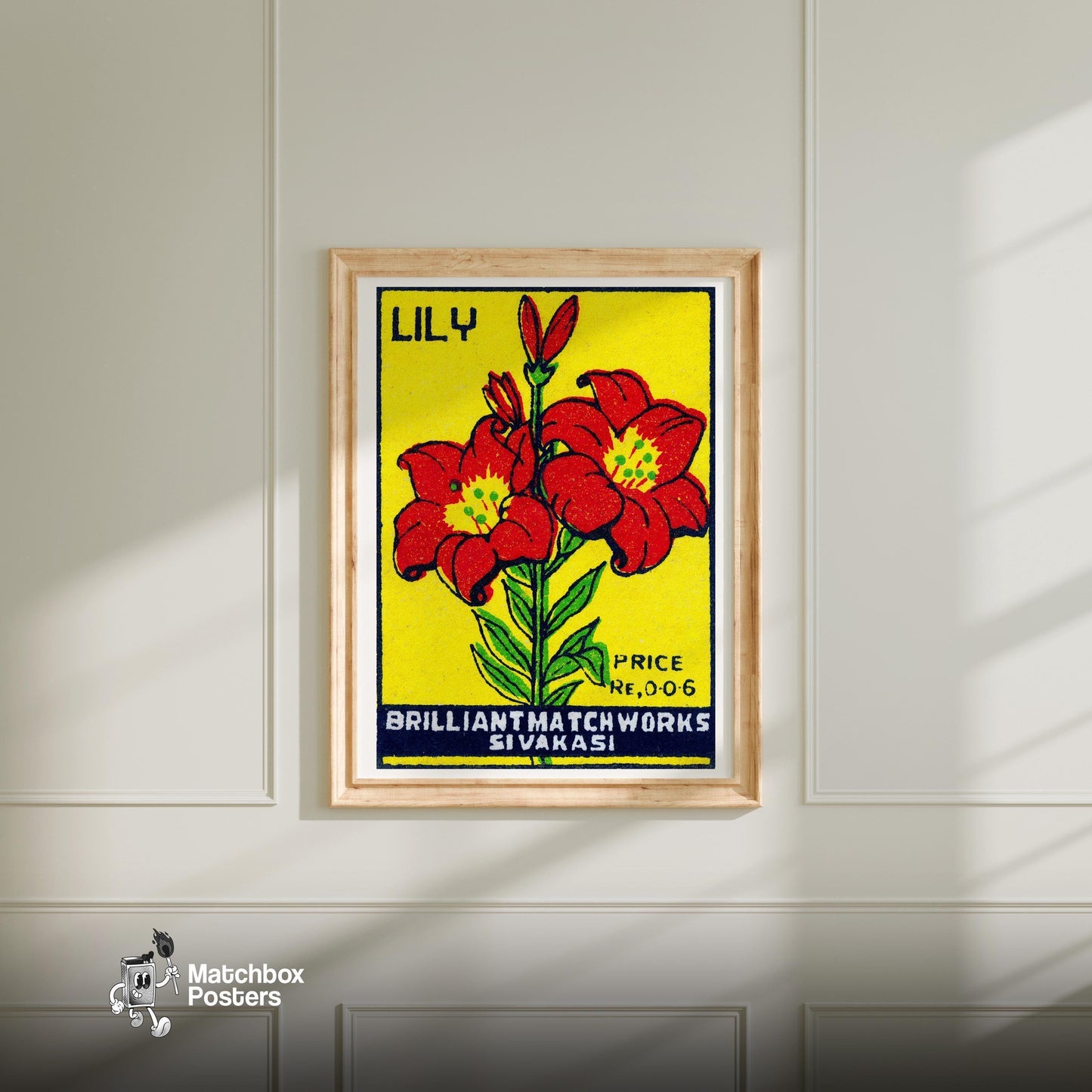 Red Lily - vintage matchbox label print - bedroom mockup