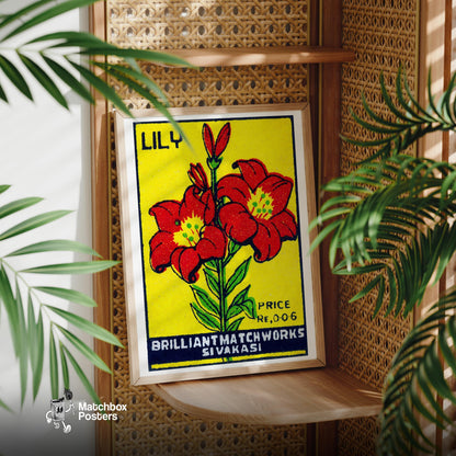 Red Lily - vintage matchbox label print - office wall