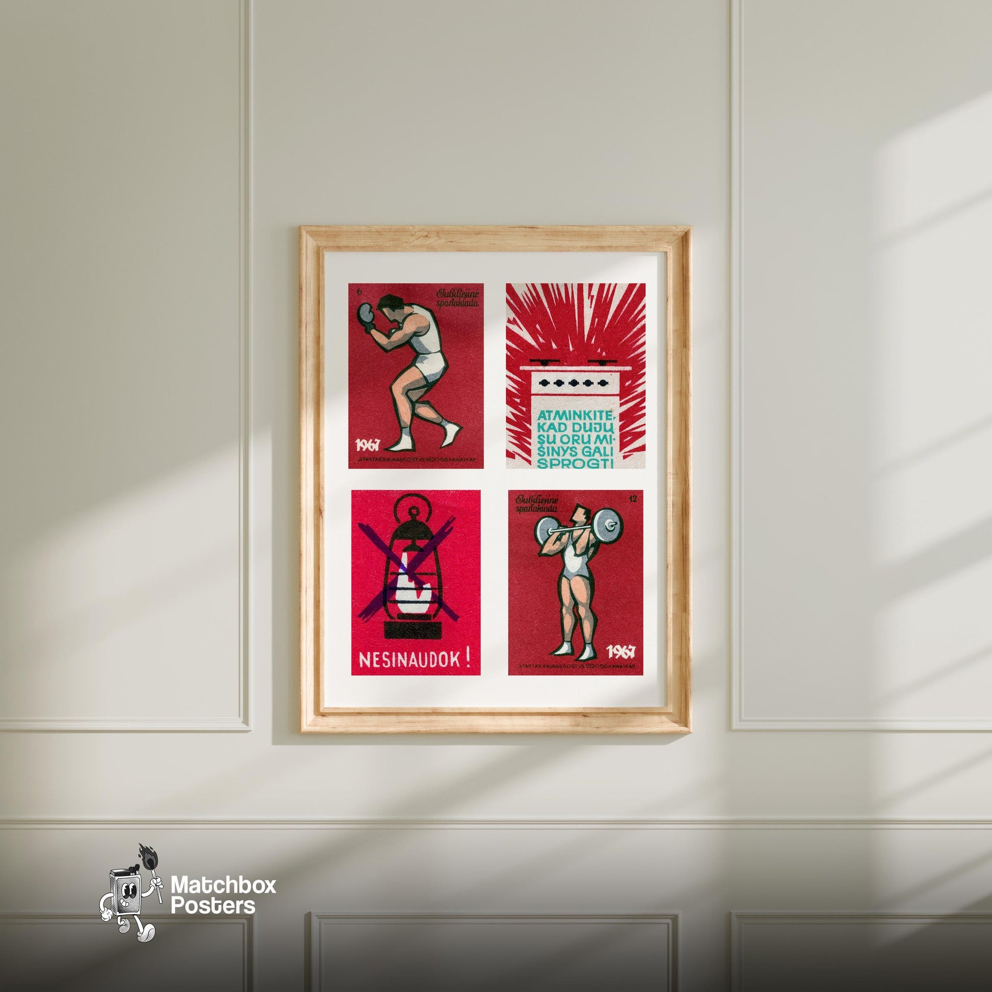 Red Lithuanians Grid Print - vintage matchbox label print - living room mockup