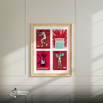 Red Lithuanians Grid Print - vintage matchbox label print - living room mockup