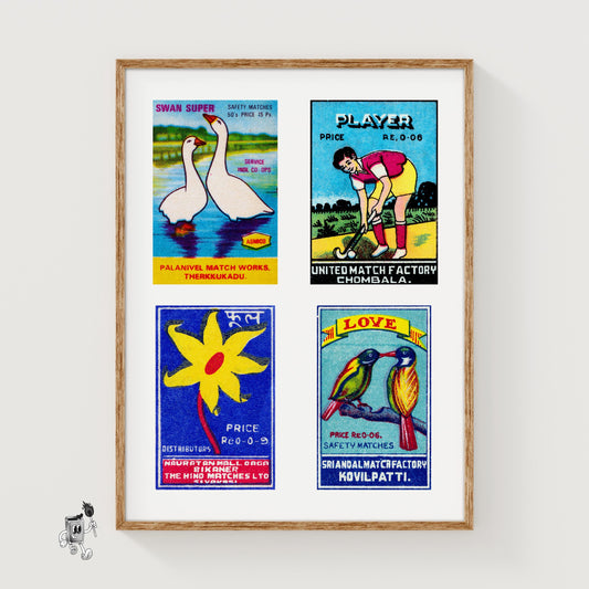 Blue Indians Grid Print - vintage matchbox label print