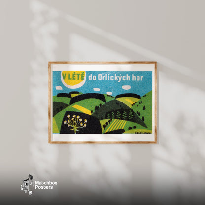 Stylized Hills - vintage matchbox label print - bedroom mockup