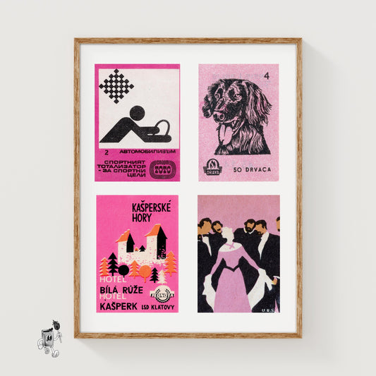 Pink & Blacks Grid Print - vintage matchbox label print
