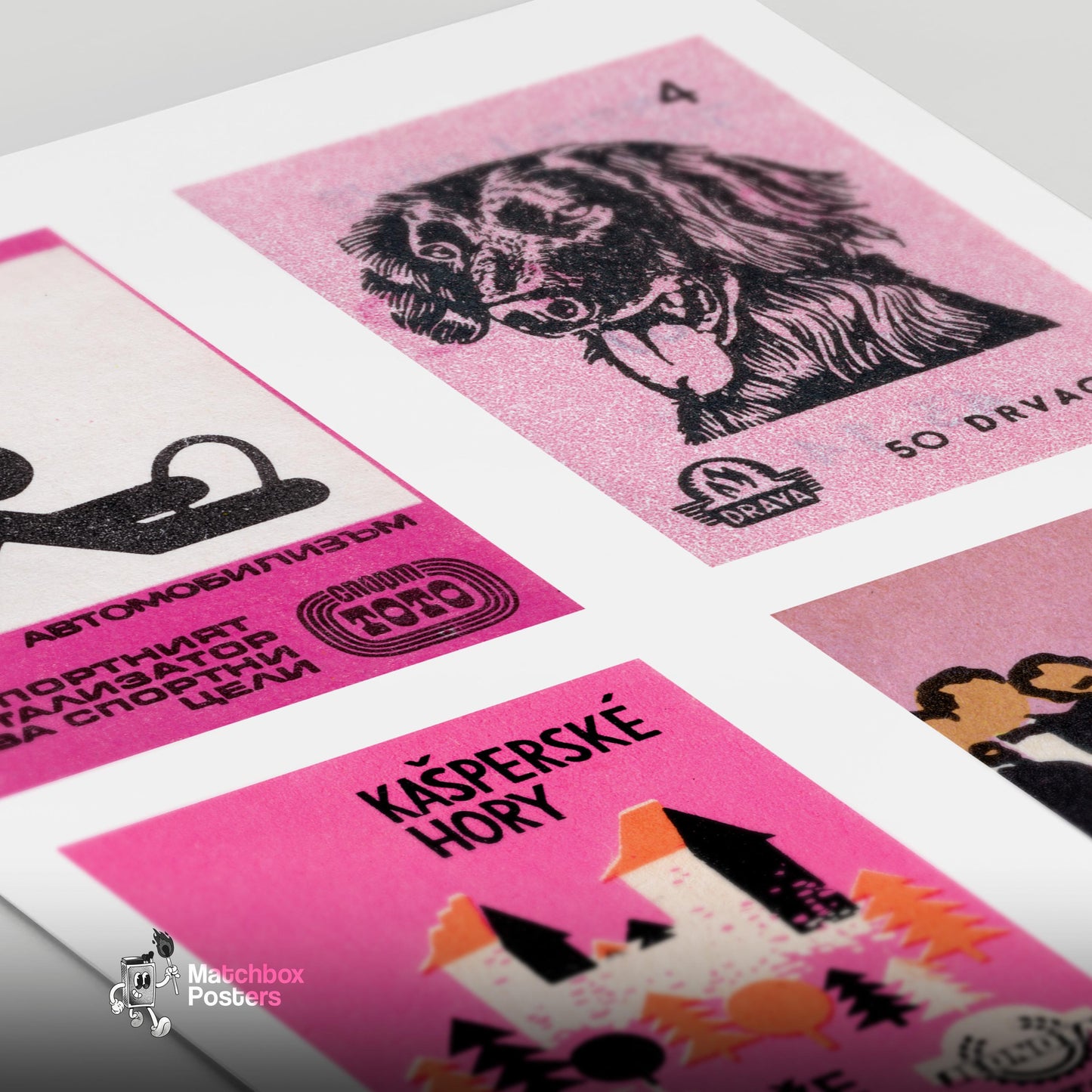 Pink & Blacks Grid Print - vintage matchbox label print - close-up detail