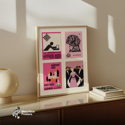 Pink & Blacks Grid Print - vintage matchbox label print - bedroom mockup