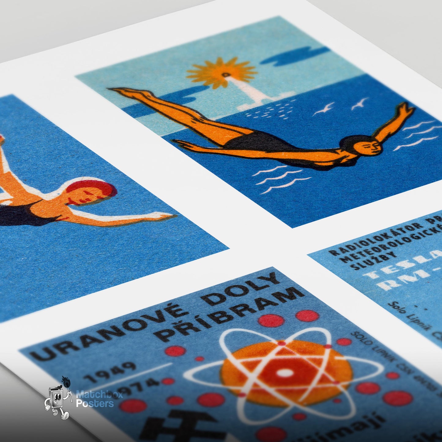 Divers Czechoslovakia Mid-Century Matchbox Label - vintage matchbox label print - close-up detail
