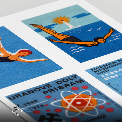 Divers Czechoslovakia Mid-Century Matchbox Label - vintage matchbox label print - close-up detail
