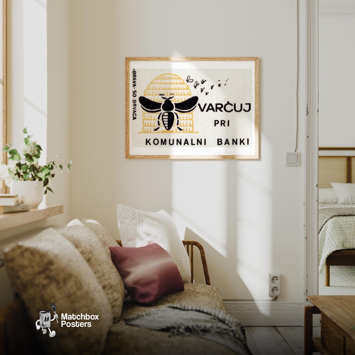 Bee Yugoslavia Mid-Century Matchbox Label - vintage matchbox label print - living room mockup