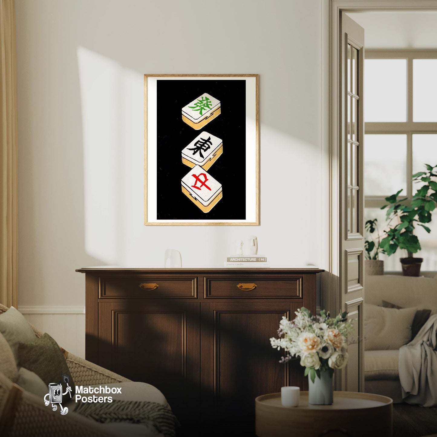 Mahjong Tiles - vintage matchbox label print - living room mockup