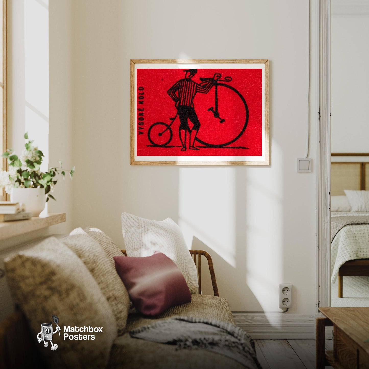 Penny-Farthing Bicycle - vintage matchbox label print - living room mockup