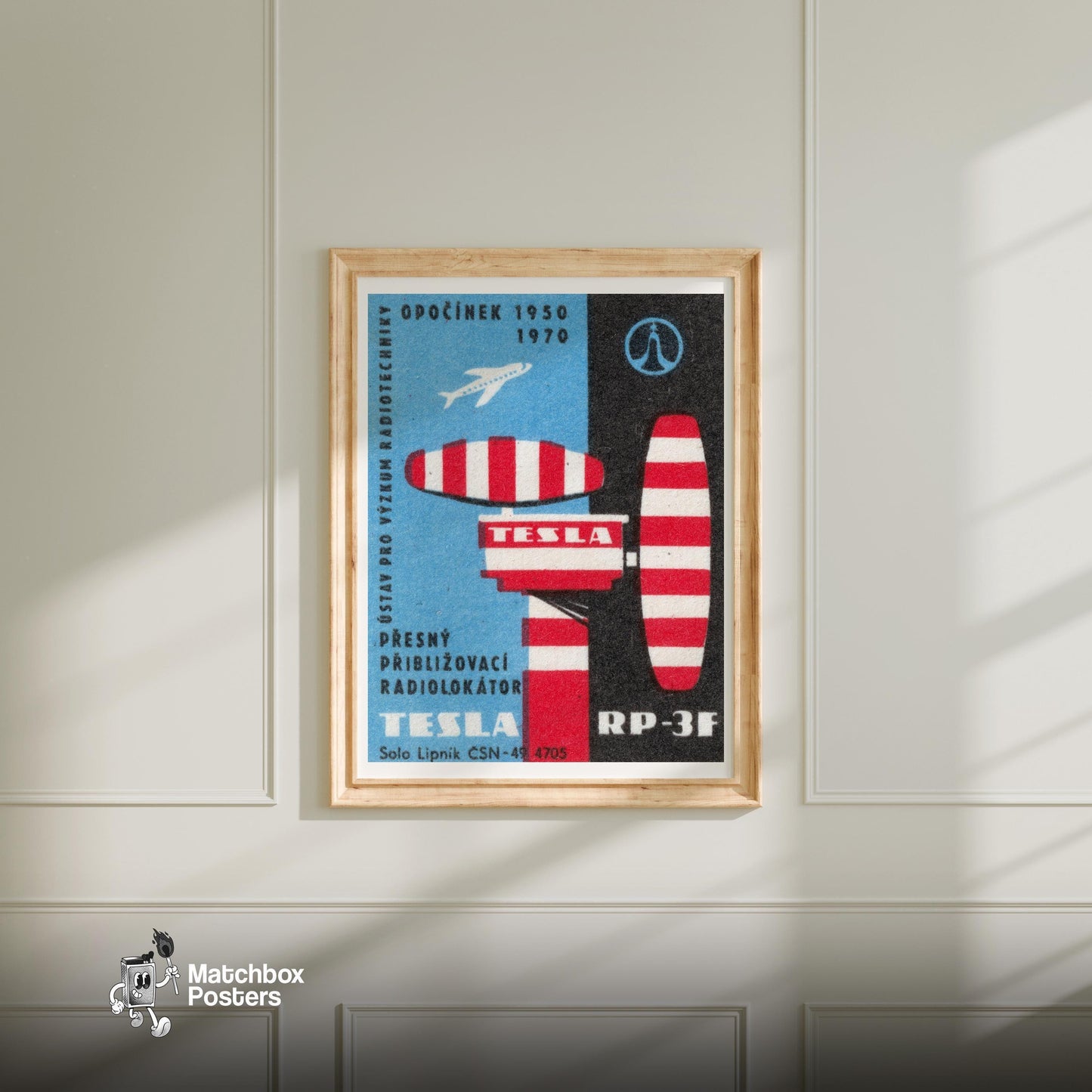Radar Equipment and Airplane - vintage matchbox label print - bedroom mockup