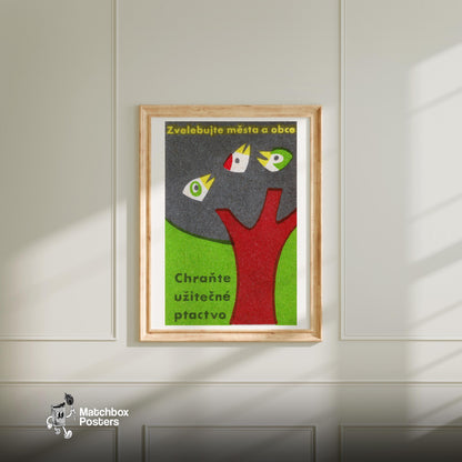 Three Birds in Tree - vintage matchbox label print - bedroom mockup