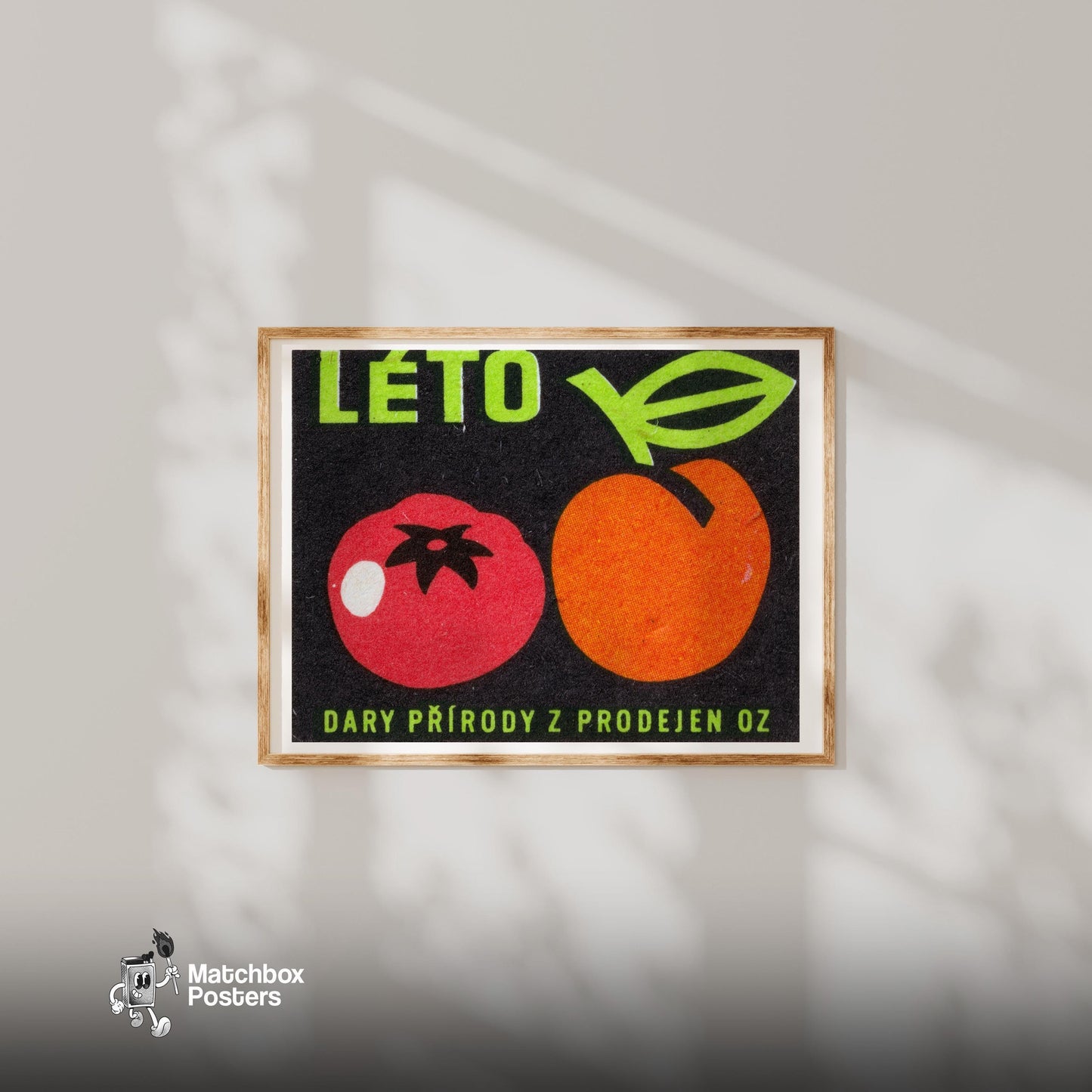 Tomato and Peach - vintage matchbox label print - bedroom mockup