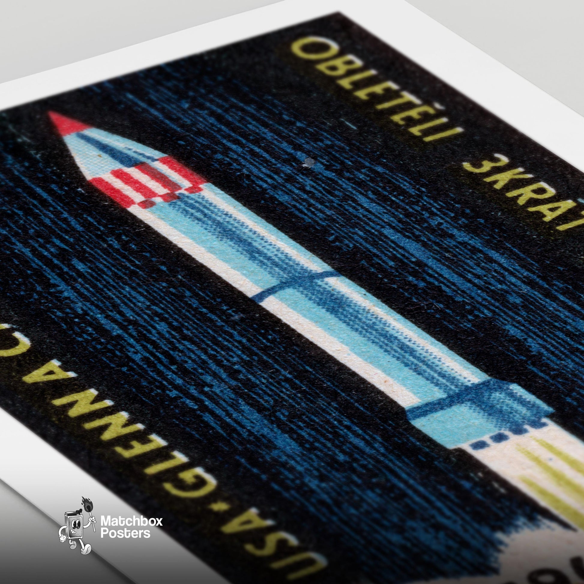 Rocket Launch - vintage matchbox label print - close-up detail