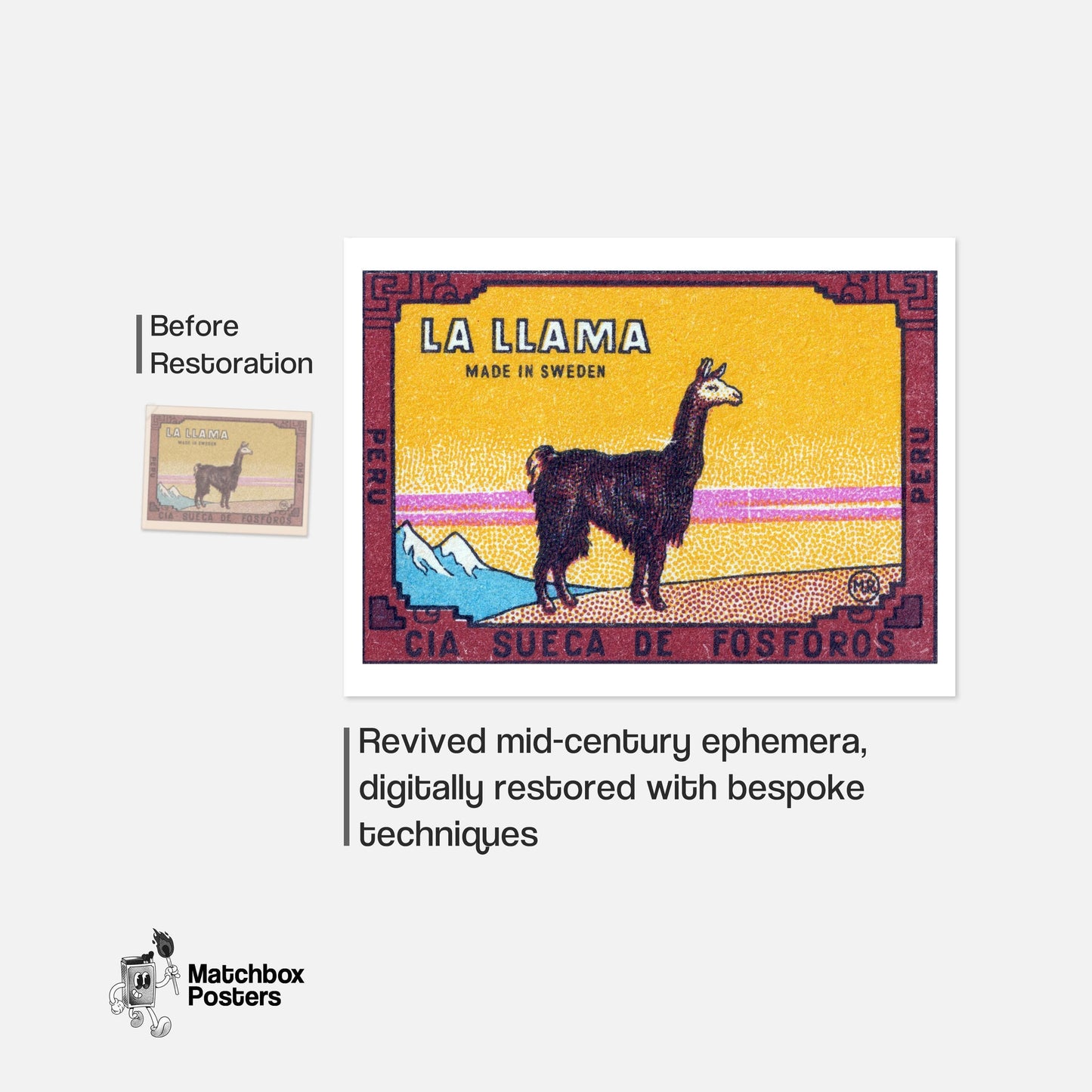 Llama Standing Peru - vintage matchbox label print - framed wall art preview
