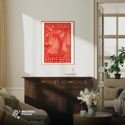 Sailing Yacht - vintage matchbox label print - living room mockup