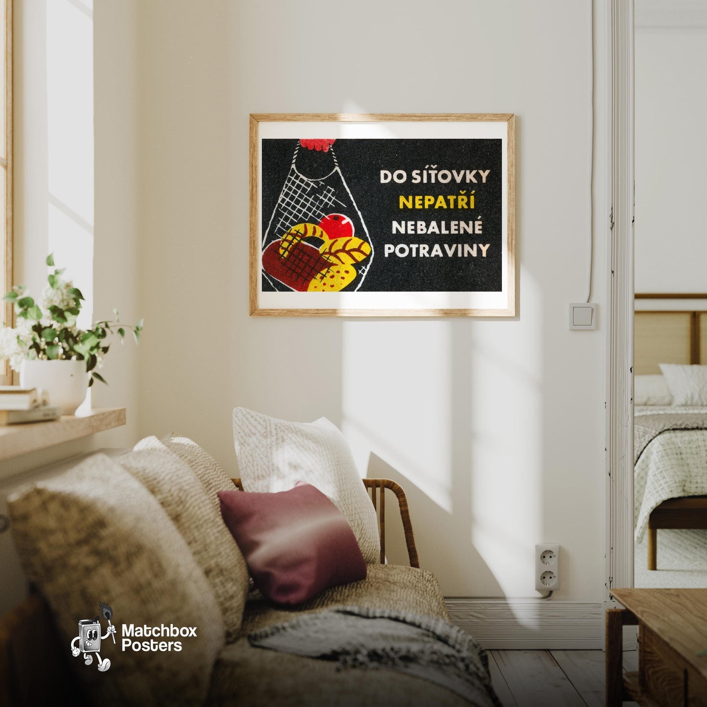 Groceries in Net Bag - vintage matchbox label print - living room mockup