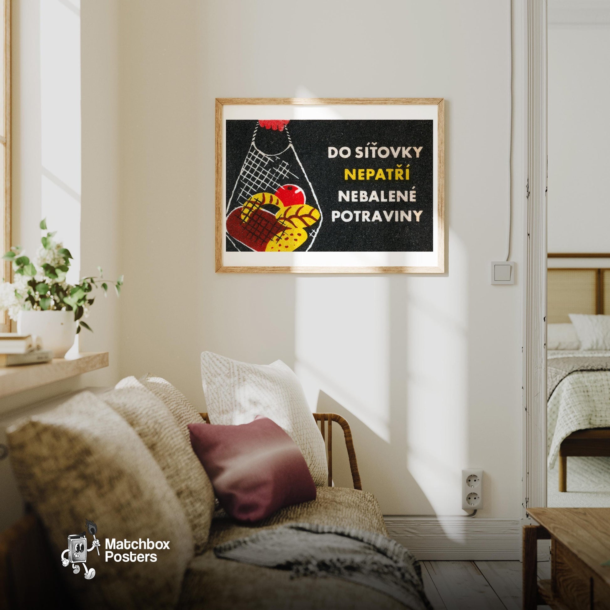 Groceries in Net Bag - vintage matchbox label print - living room mockup