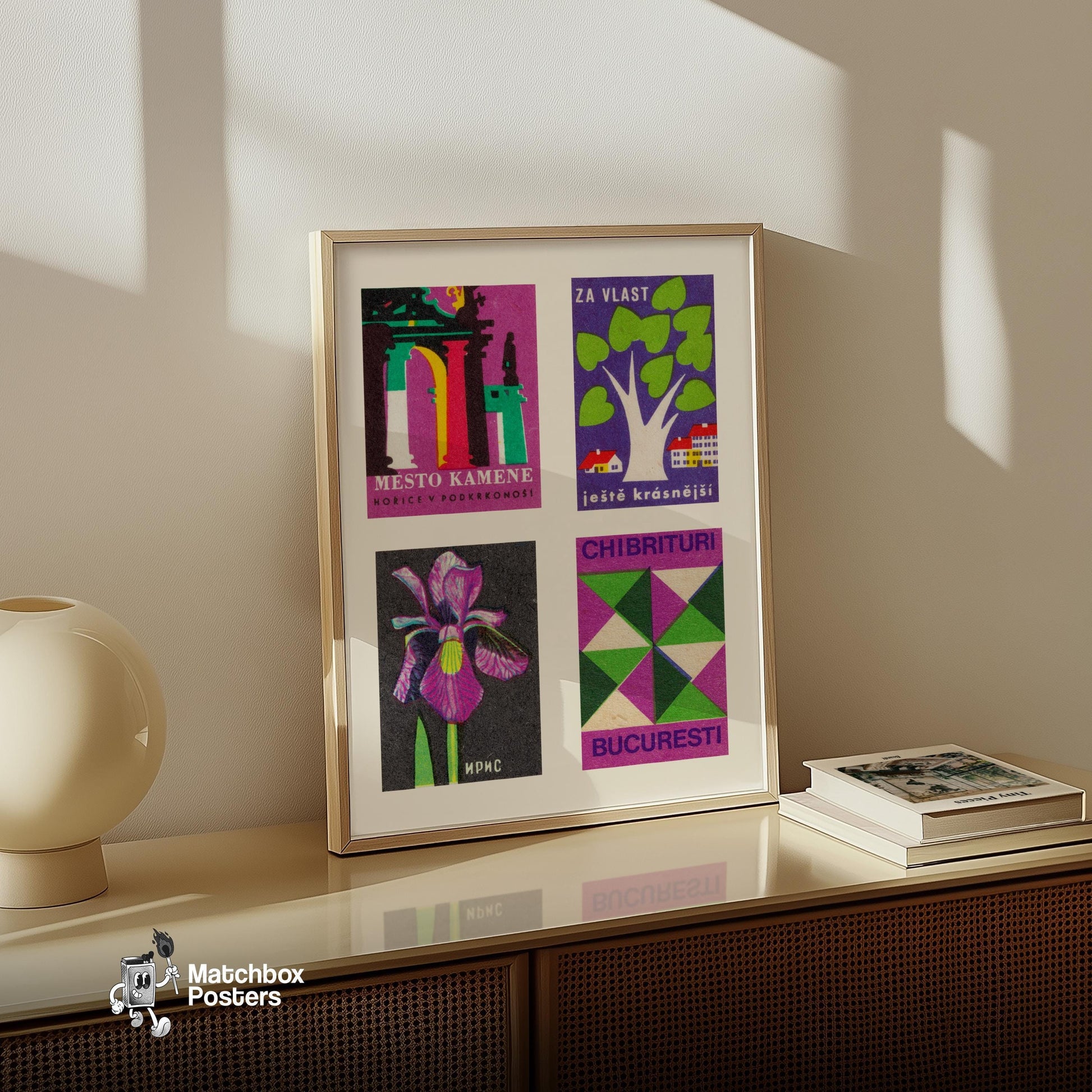 Purple & Greens Grid Print - vintage matchbox label print - bedroom mockup