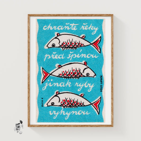 Three Fish - vintage matchbox label print