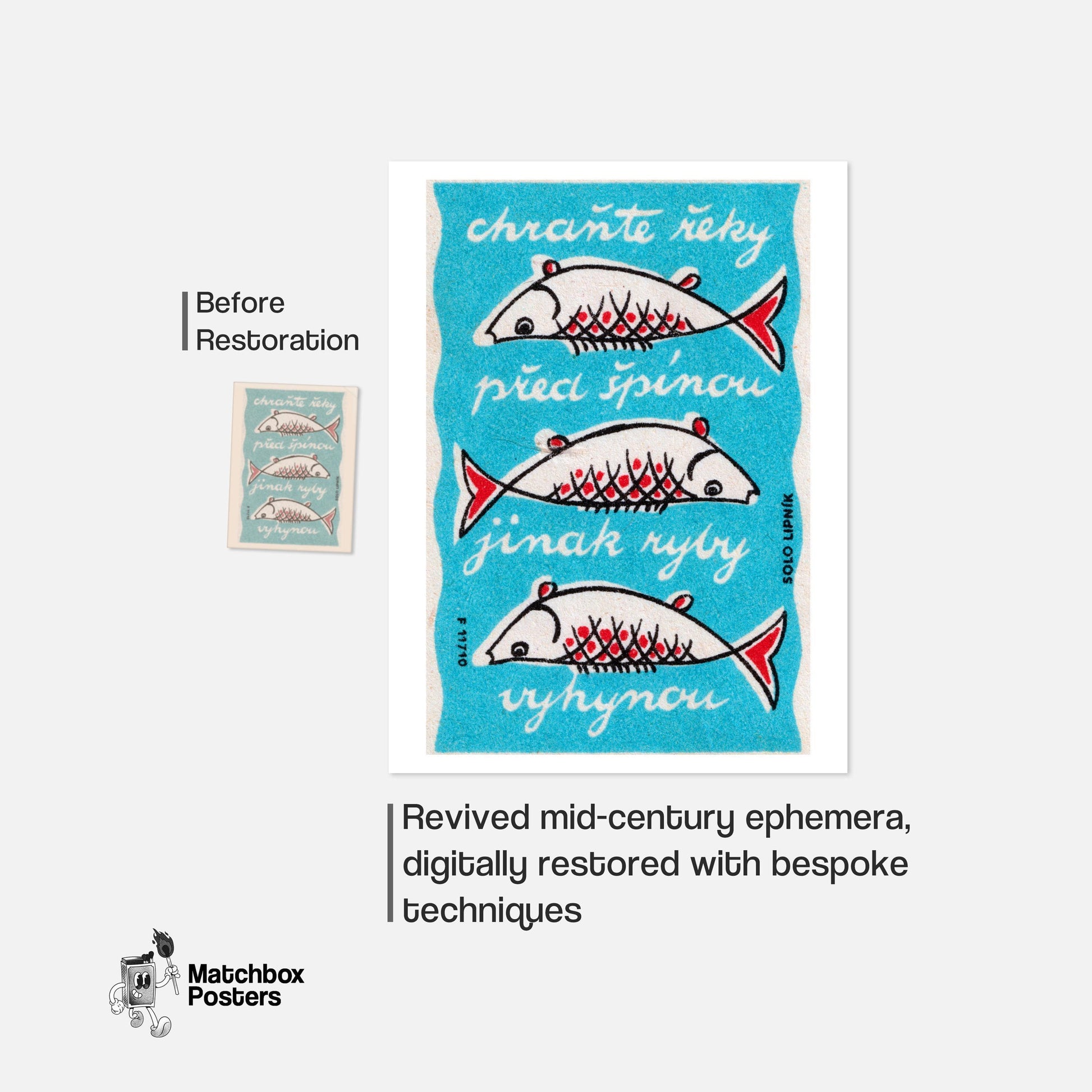 Three Fish - vintage matchbox label print - framed wall art preview