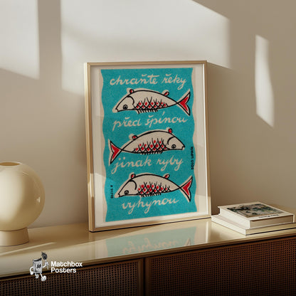Three Fish - vintage matchbox label print - size comparison
