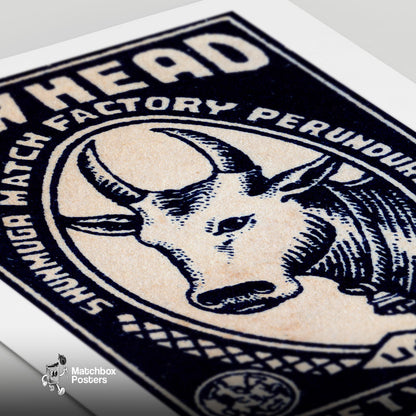 Cow Head - vintage matchbox label print - close-up detail