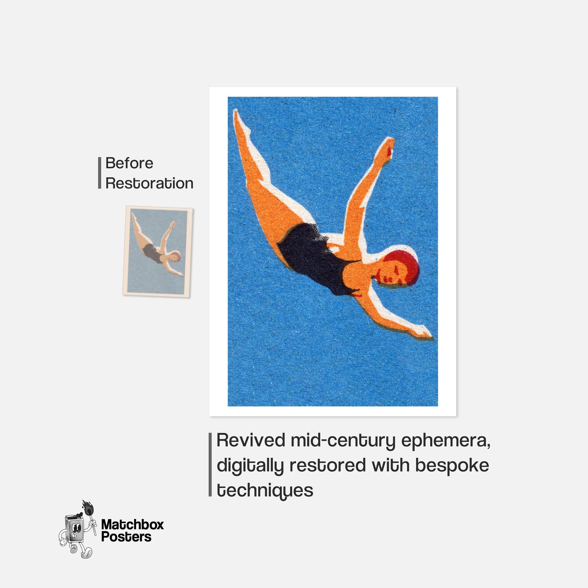 Diving Woman - vintage matchbox label print - framed wall art preview